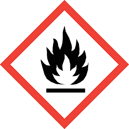 GHS02: Entzündbare Gase; Entzündbare Aerosole; Oxidierende Gase; Entzündbare Flüssigkeiten; Entzündbare Feststoffe; Selbstzersetzliche Stoffe und Gemische; Pyrophore Flüssigkeiten; Pyrophore Feststoffe; Selbsterhitzungsfähige Stoffe und Gemische; Stoffe und Gemische, die in Berührung mit Wasser entzündbare Gase entwickeln; Organische Peroxide GHS02: Entzündbar